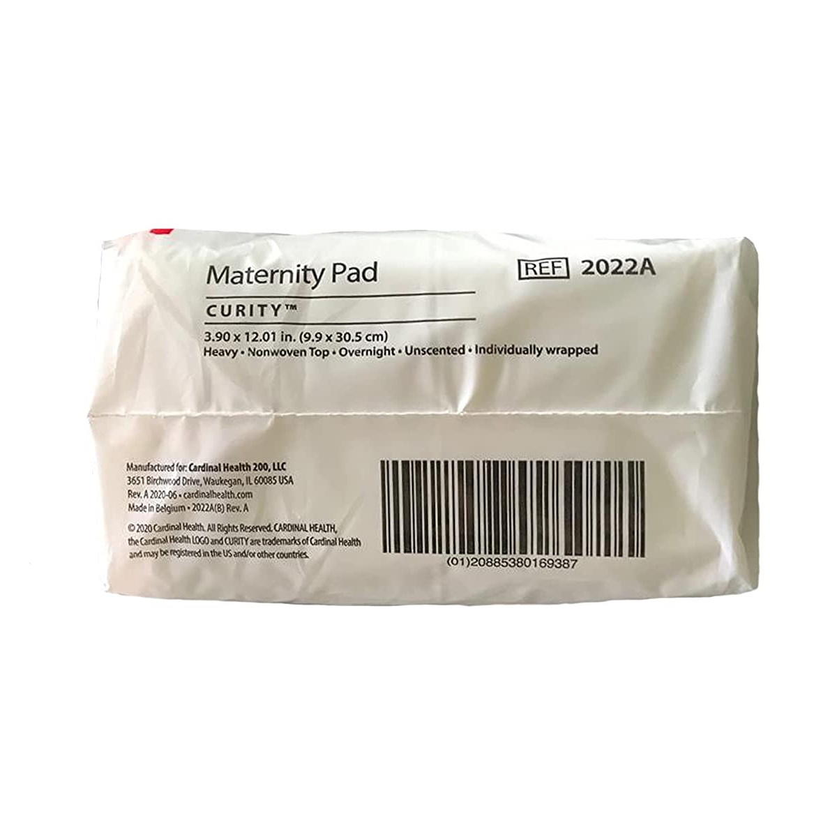 Maternity pad package back with REF 2022A and barcode
