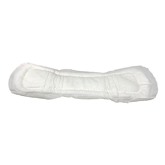 White heavy maternity pad, curved shape, protective absorbent layer