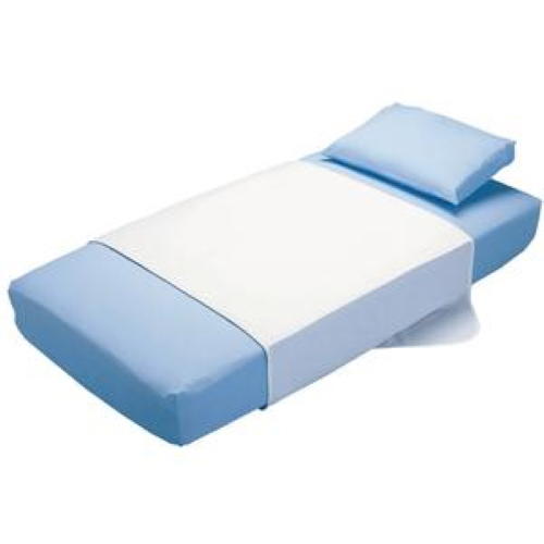 Reusable underpad folded out flat with white center and blue sides
