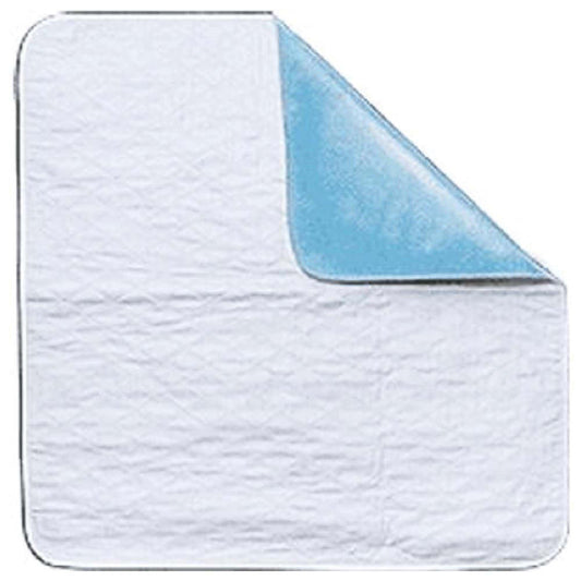 Reusable underpad with white top and blue vinyl backing, rectangular fold