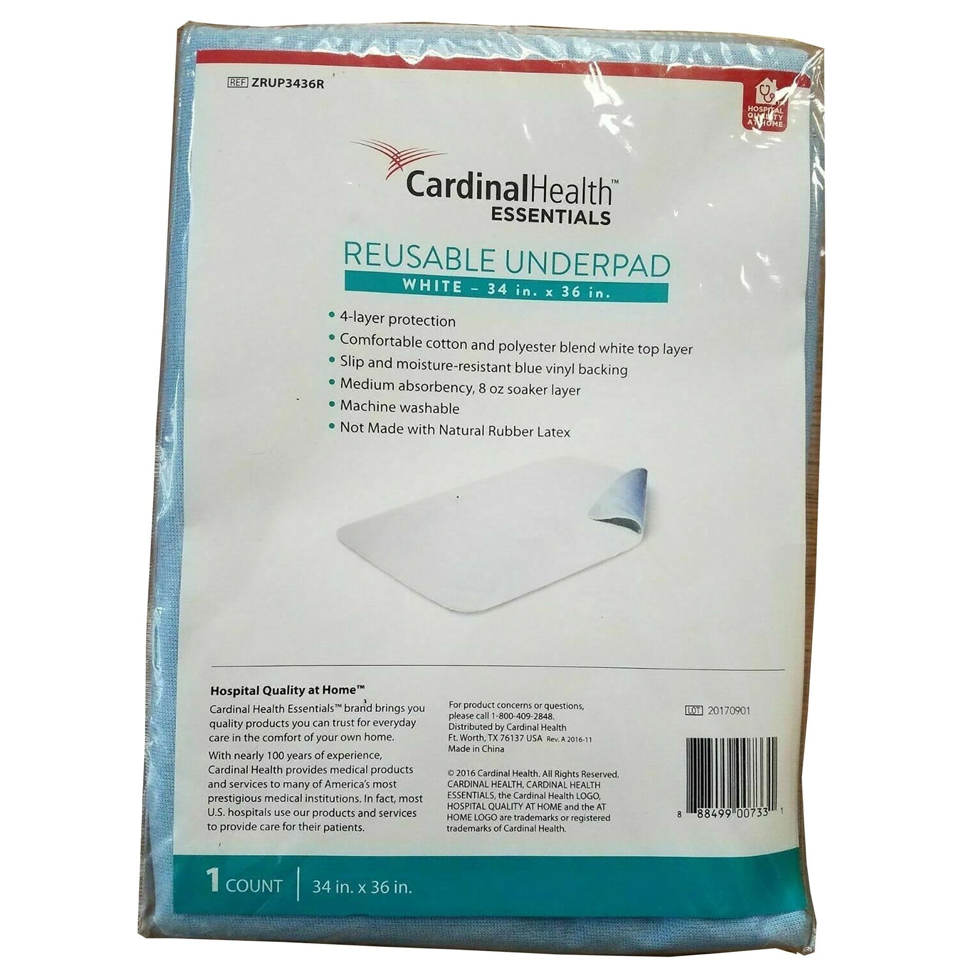 Packaged Cardinal Health Essentials reusable underpad, white 34 x 36 in