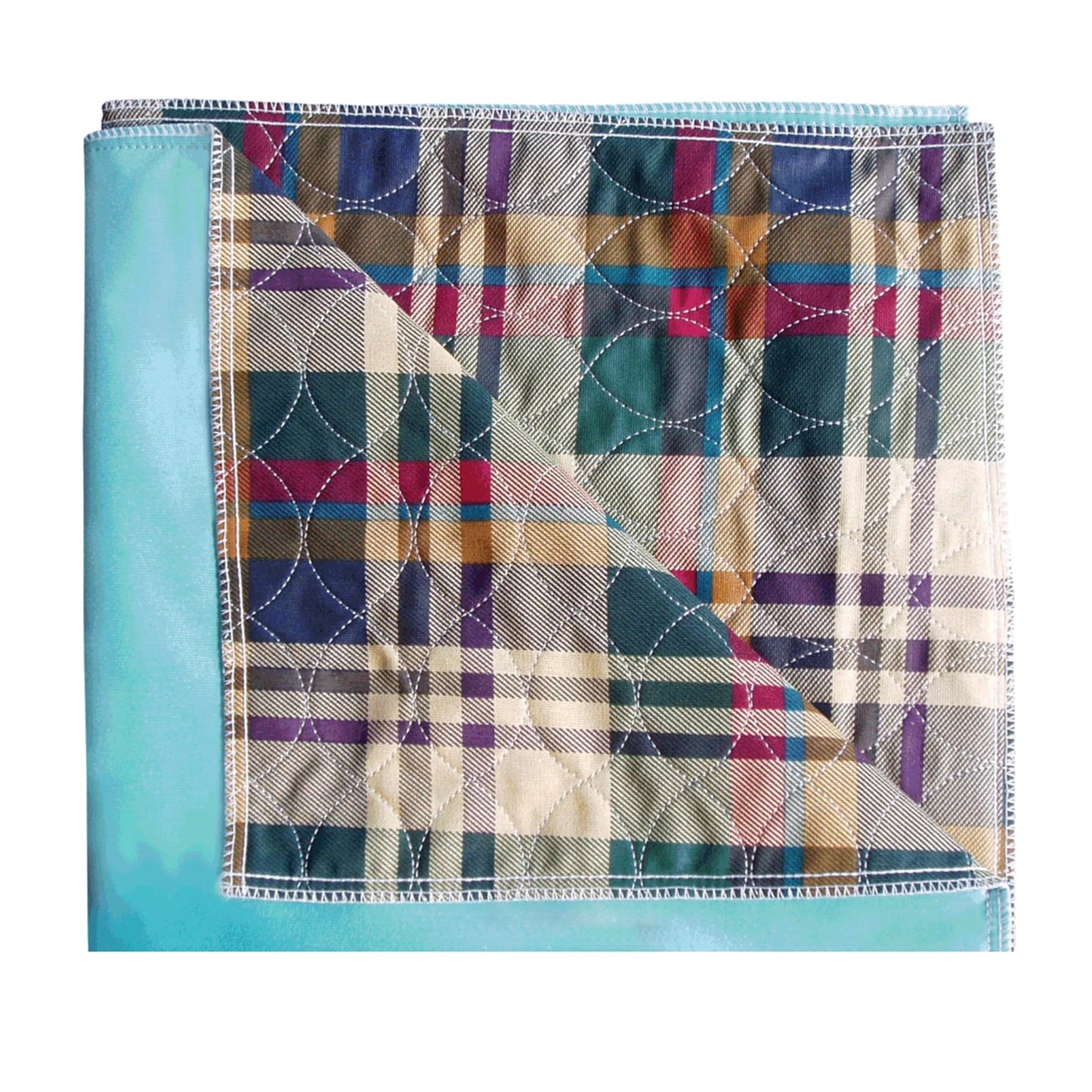 Reusable underpad with plaid top layer and blue backing, folded edge