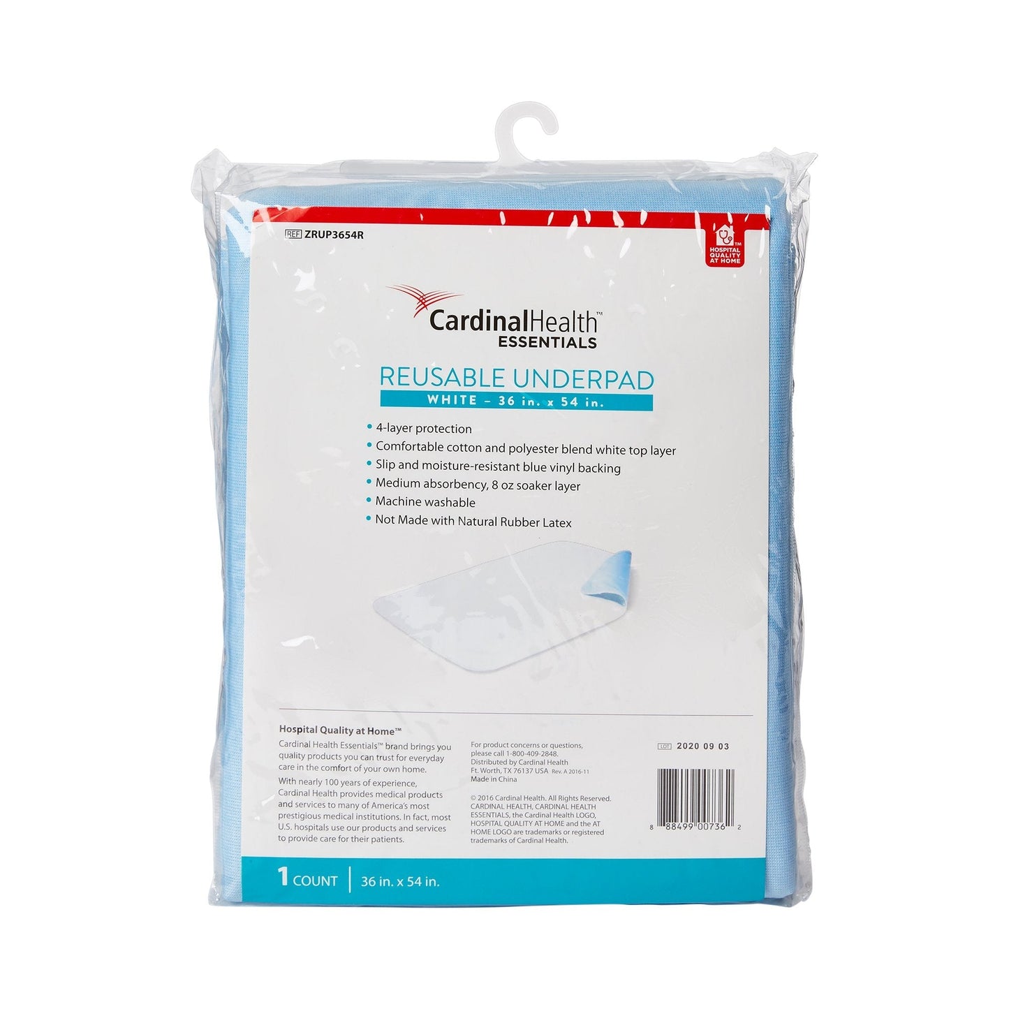 Packaged Cardinal Health Essentials reusable underpad, white 36 x 54 in