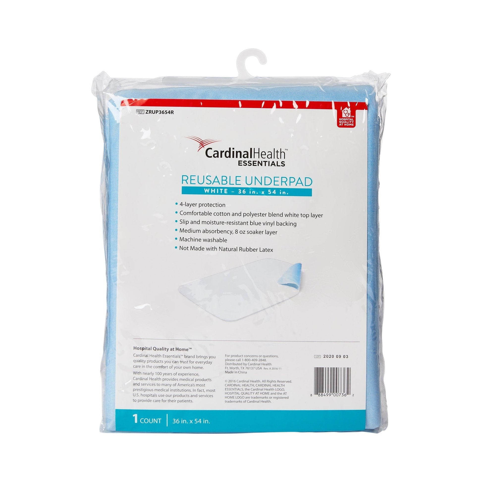 Packaged Cardinal Health Essentials reusable underpad, white 36 x 54 in