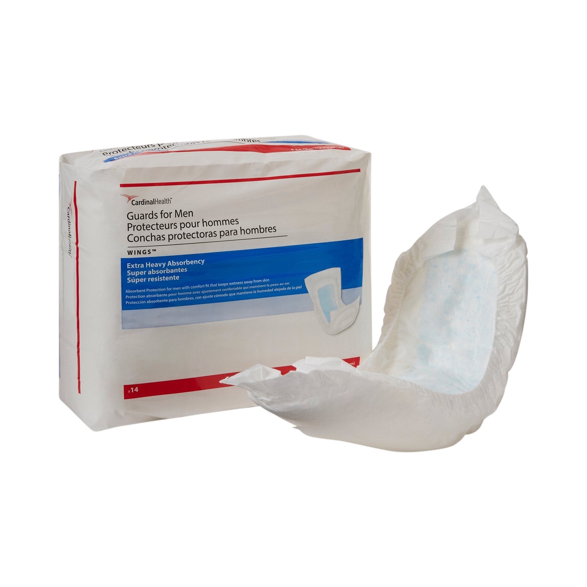 Men’s protective guards with wings, extra heavy absorbency; box and guards shown