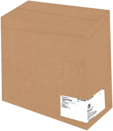 Brown shipping case for men’s extra heavy absorbency guards, with label