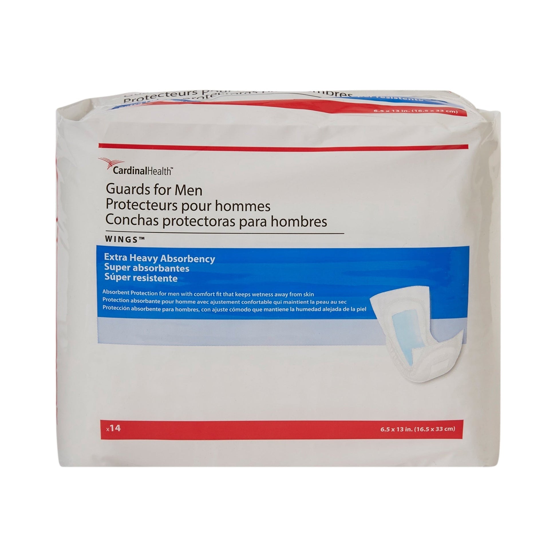 Pack of 14 men’s disposable guards with wings, extra heavy absorbency; product box