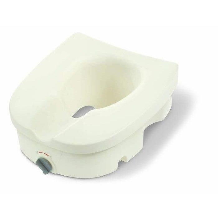 Raised locking toilet seat, white molded plastic with front release switch and handle cutout