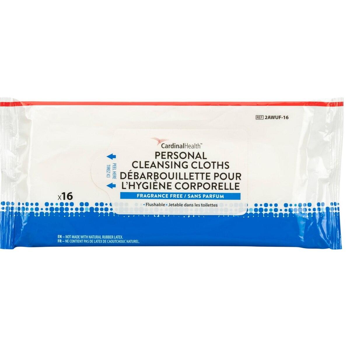 Cardinal Health personal cleansing cloths, fragrance-free, flushable wipes, x16