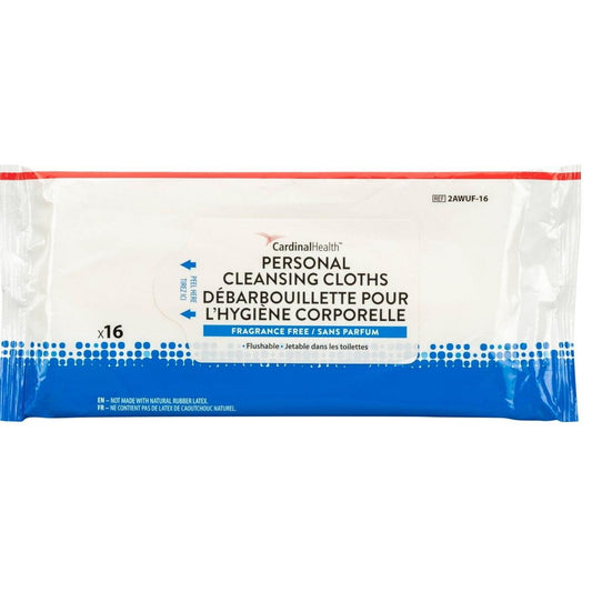 Cardinal Health personal cleansing cloths, fragrance-free, flushable wipes, x16