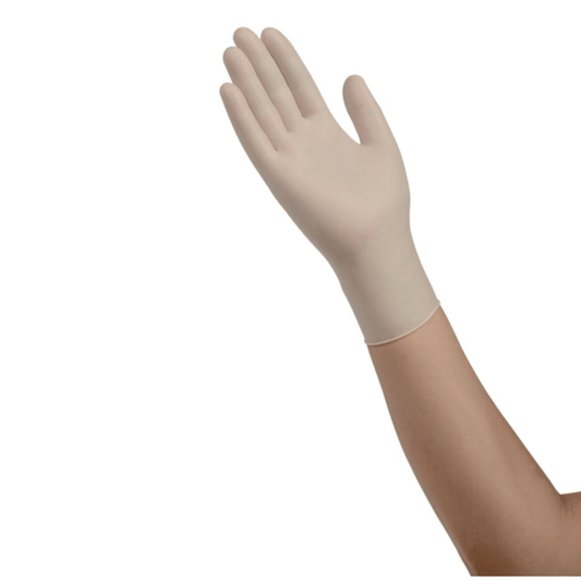 Latex exam glove on hand, light beige