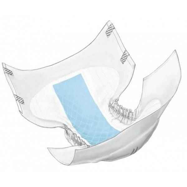 White quilted adult briefs with blue absorbent panel, side wings, elastic waistband