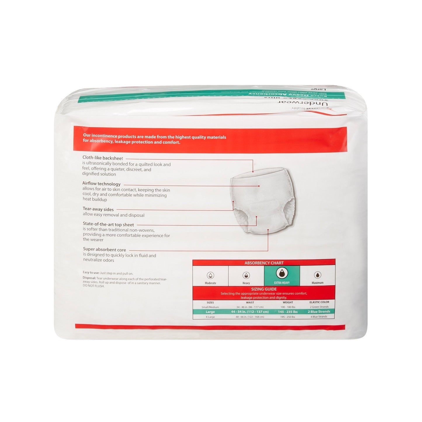 Sure Care Ultra extra heavy absorbency underwear back packaging with size guide