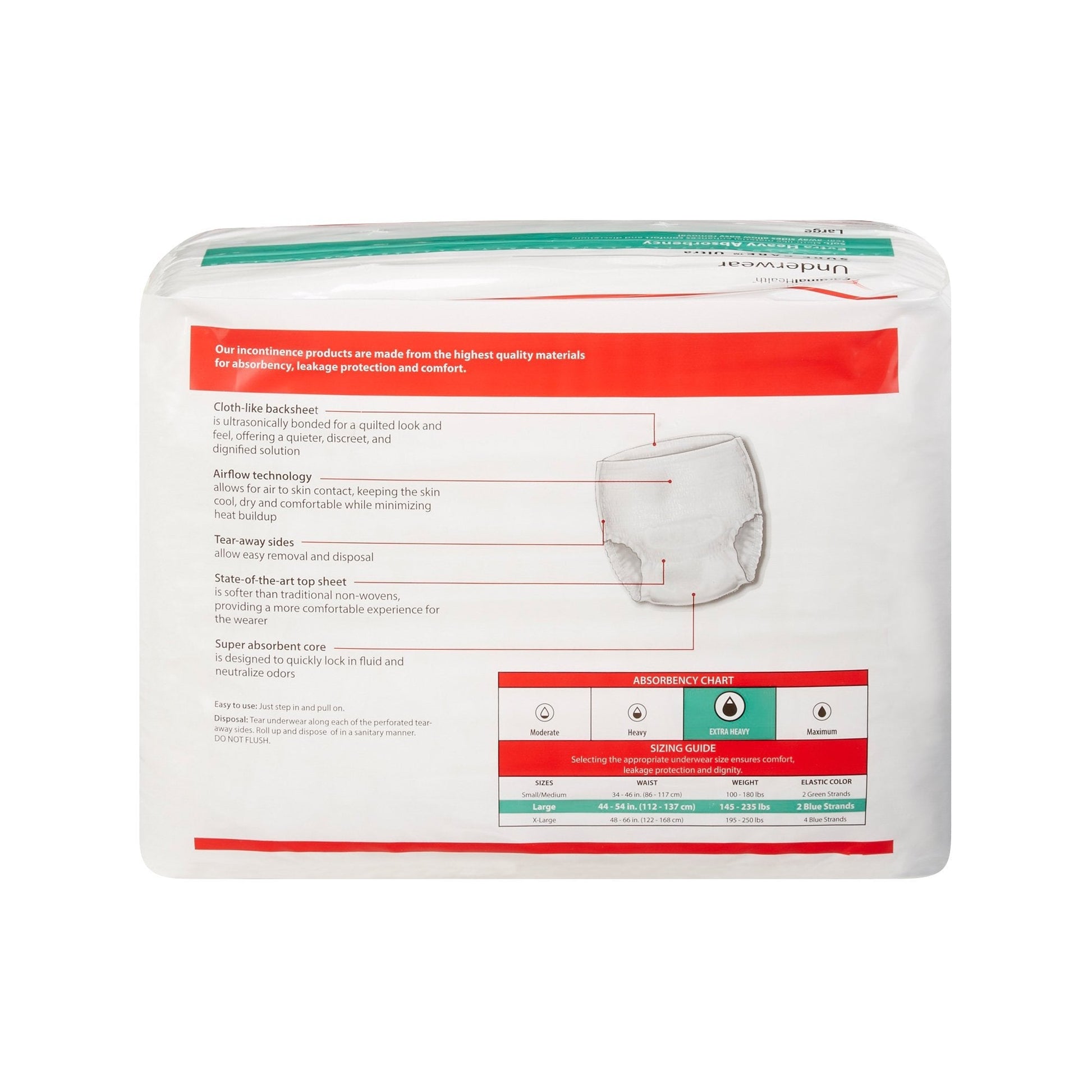 Sure Care Ultra extra heavy absorbency underwear back packaging with size guide