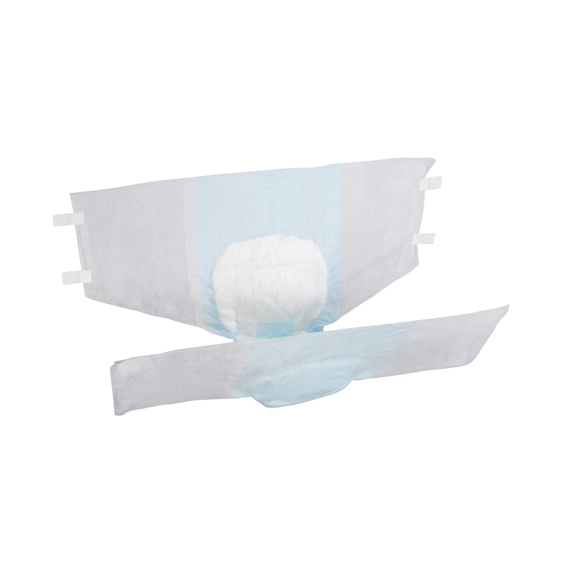 Quilted adult briefs with breathable side panels and adjustable tabs; light blue