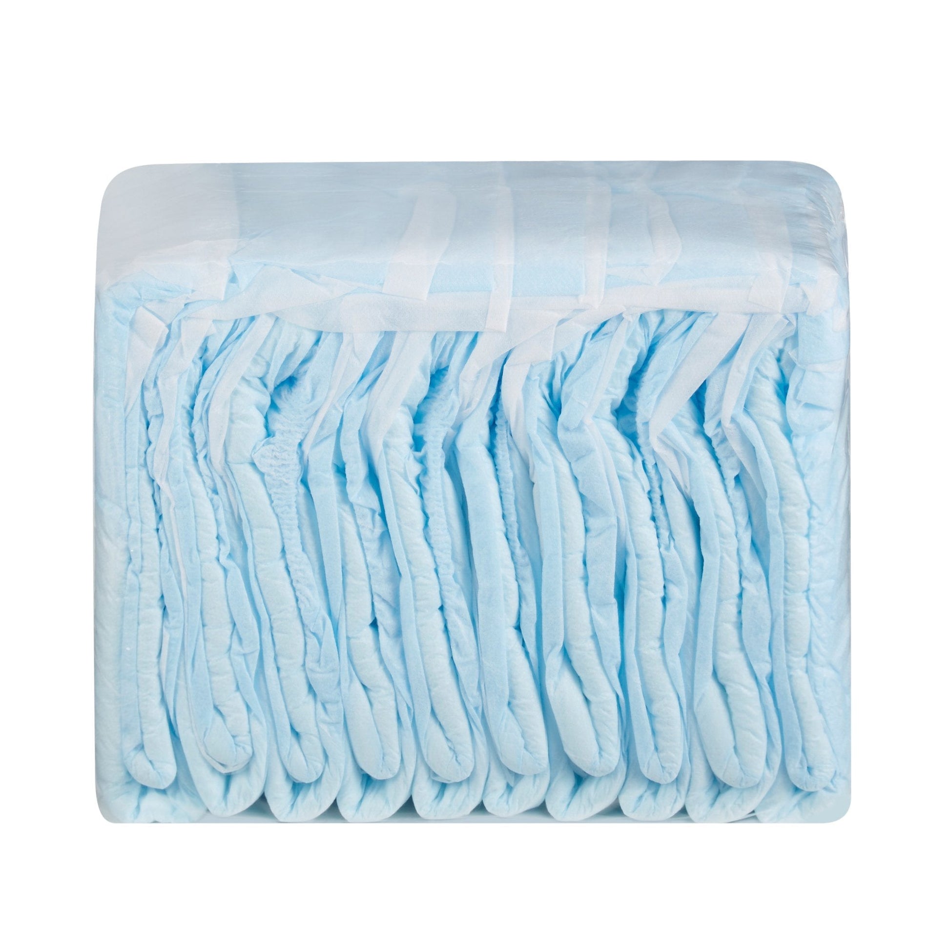 Stacked quilted adult briefs with absorbent padding; light blue