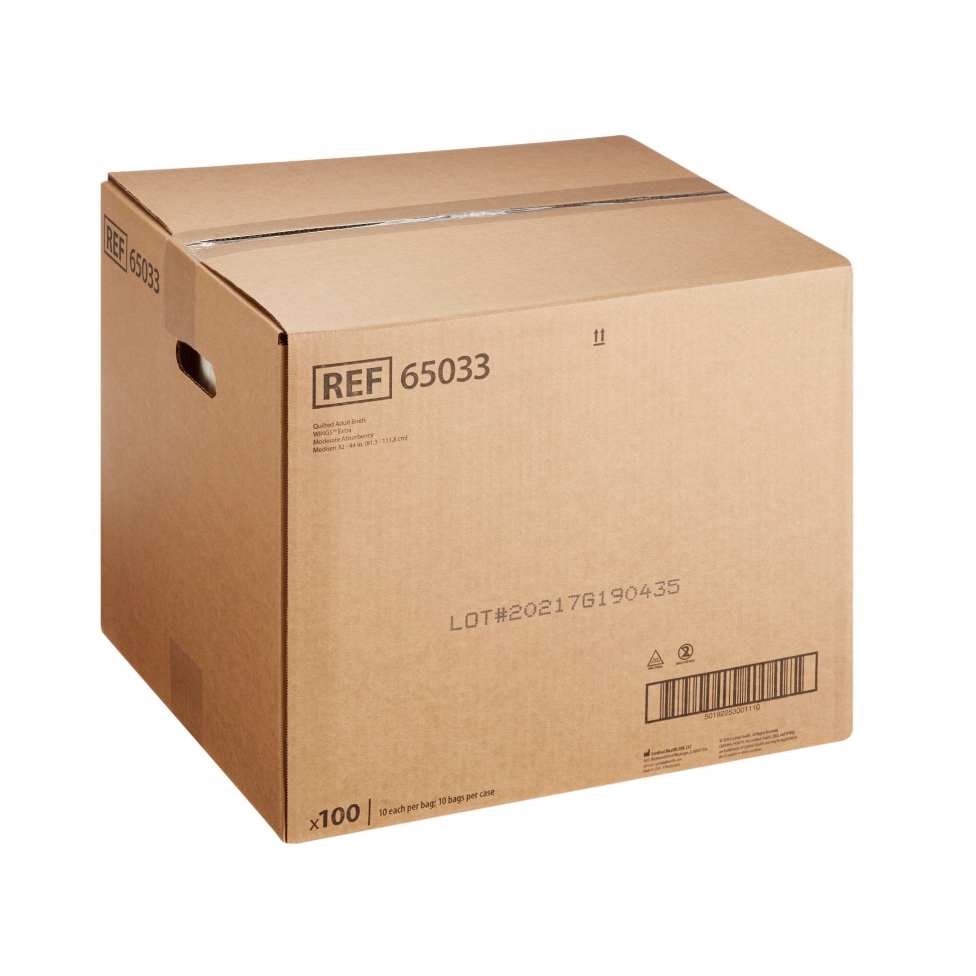 Shipping case of quilted adult briefs, Wings Extra, moderate absorbency; x100