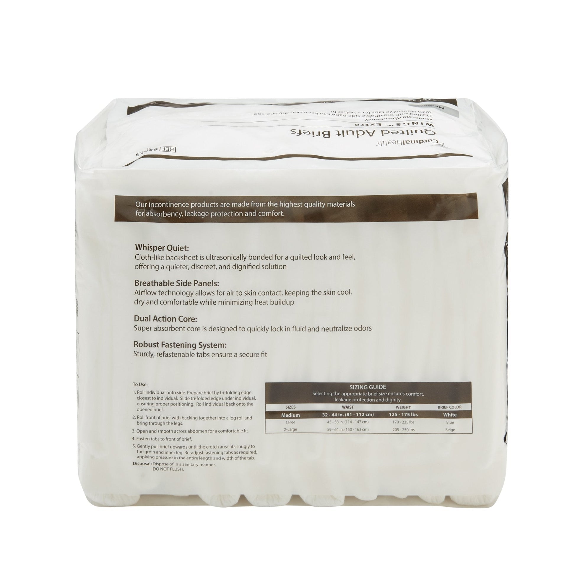 Back of quilted adult briefs package with size guide and features; white briefs