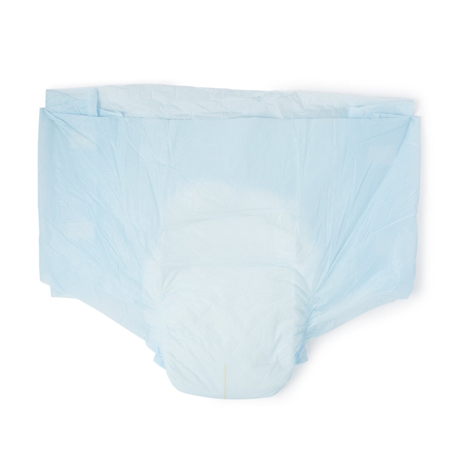 Heavy absorbency adult briefs, light blue back view with secure fastening tabs