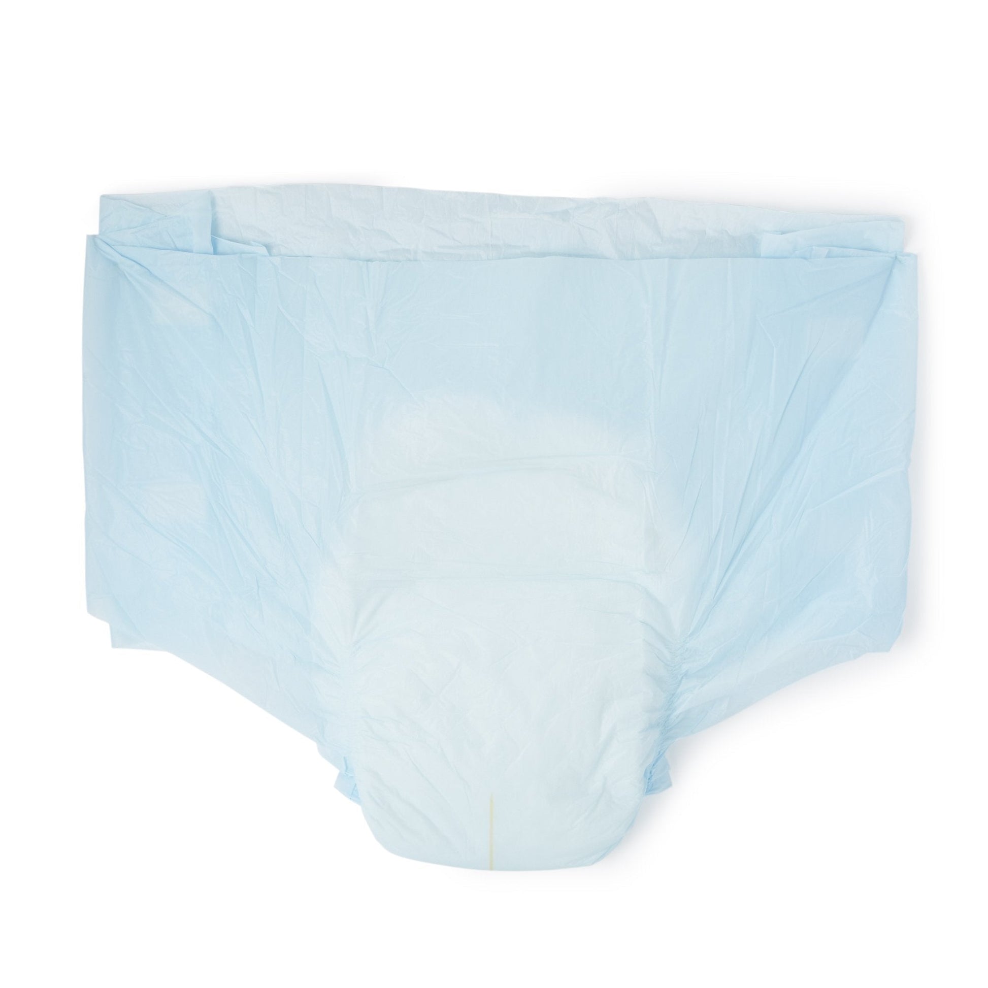 Heavy absorbency adult briefs, light blue back view with secure fastening tabs