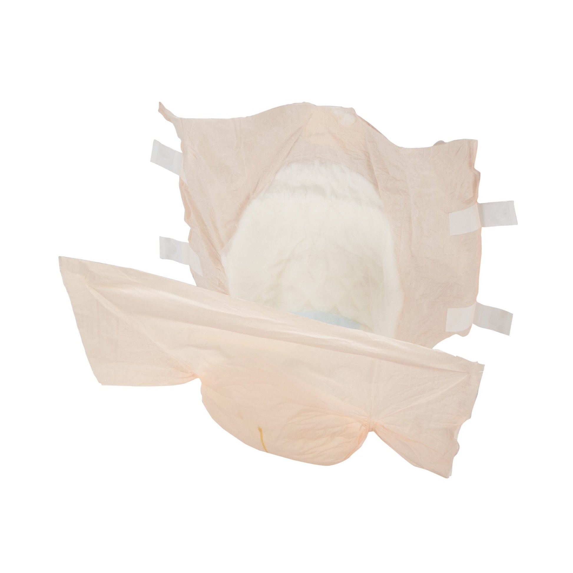 Heavy absorbency adult briefs, light beige outer with white absorbent center