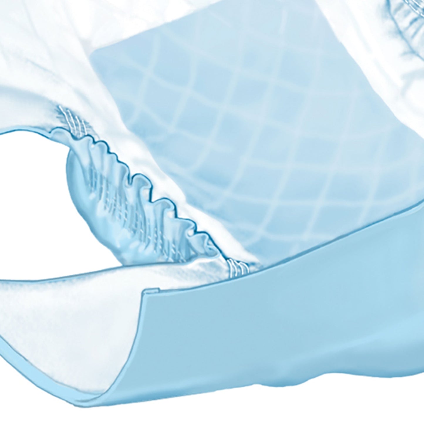 Close-up heavy absorbency adult brief, light blue outer and gathered elastic