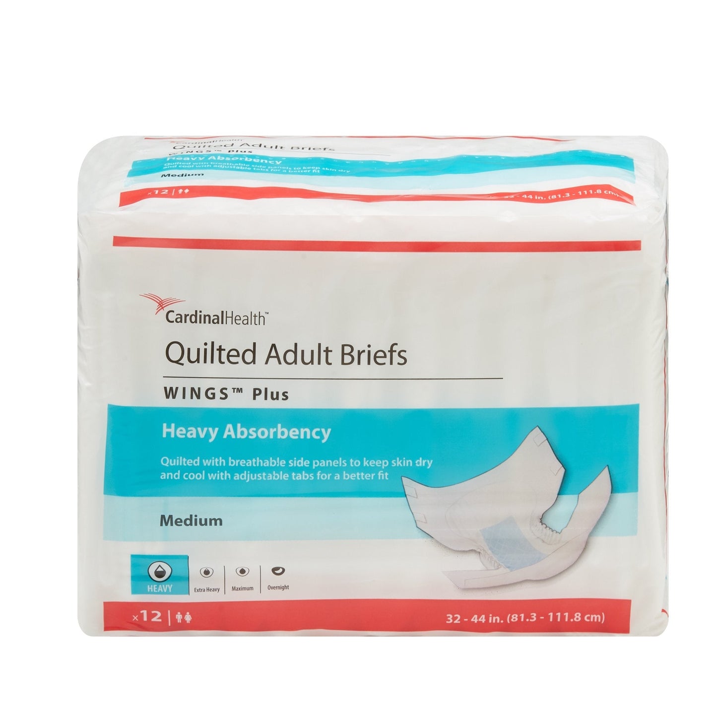 Quilted adult briefs, Wings Plus heavy absorbency, Medium size, pack of 12