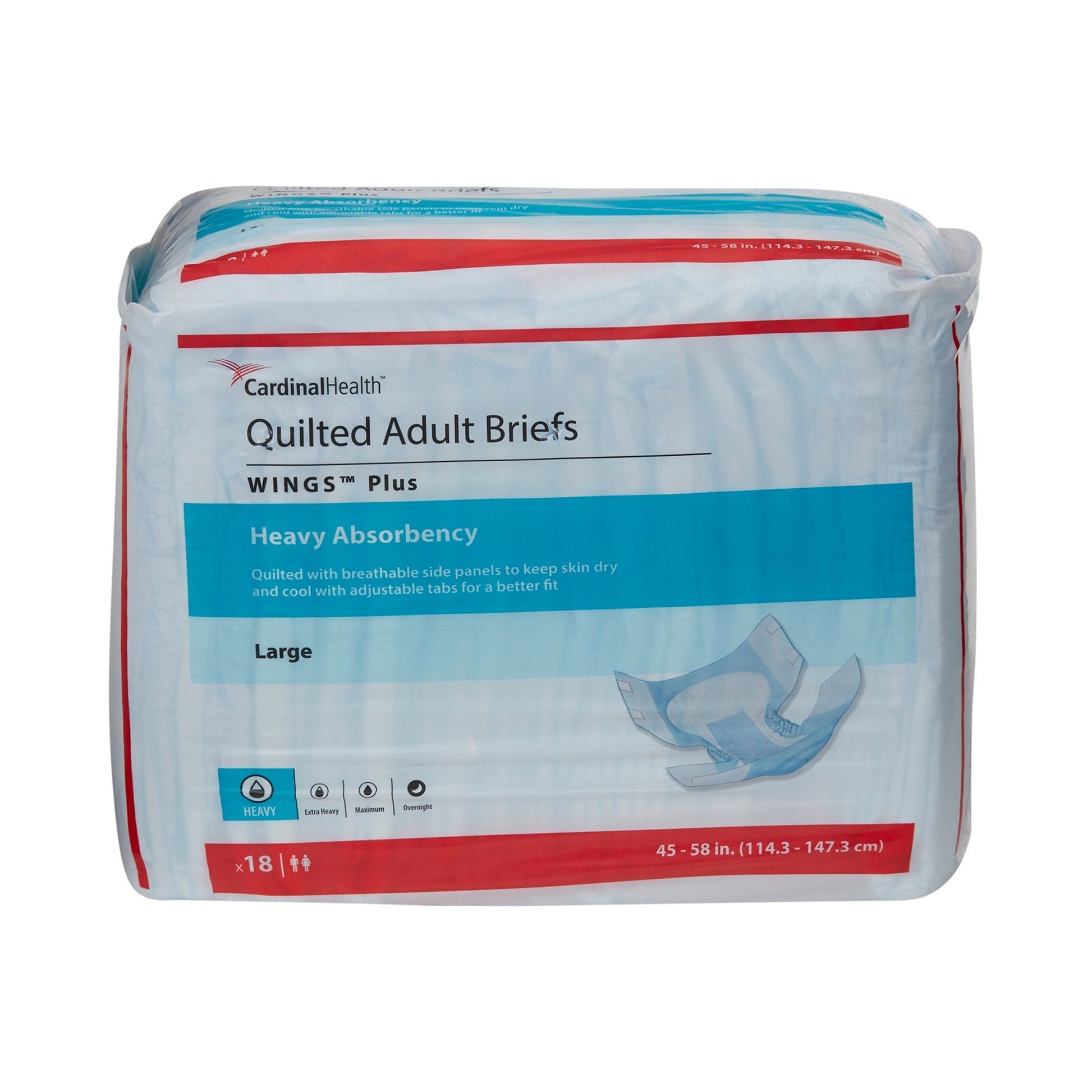 Quilted adult briefs, Wings Plus heavy absorbency, Large size, pack of 18