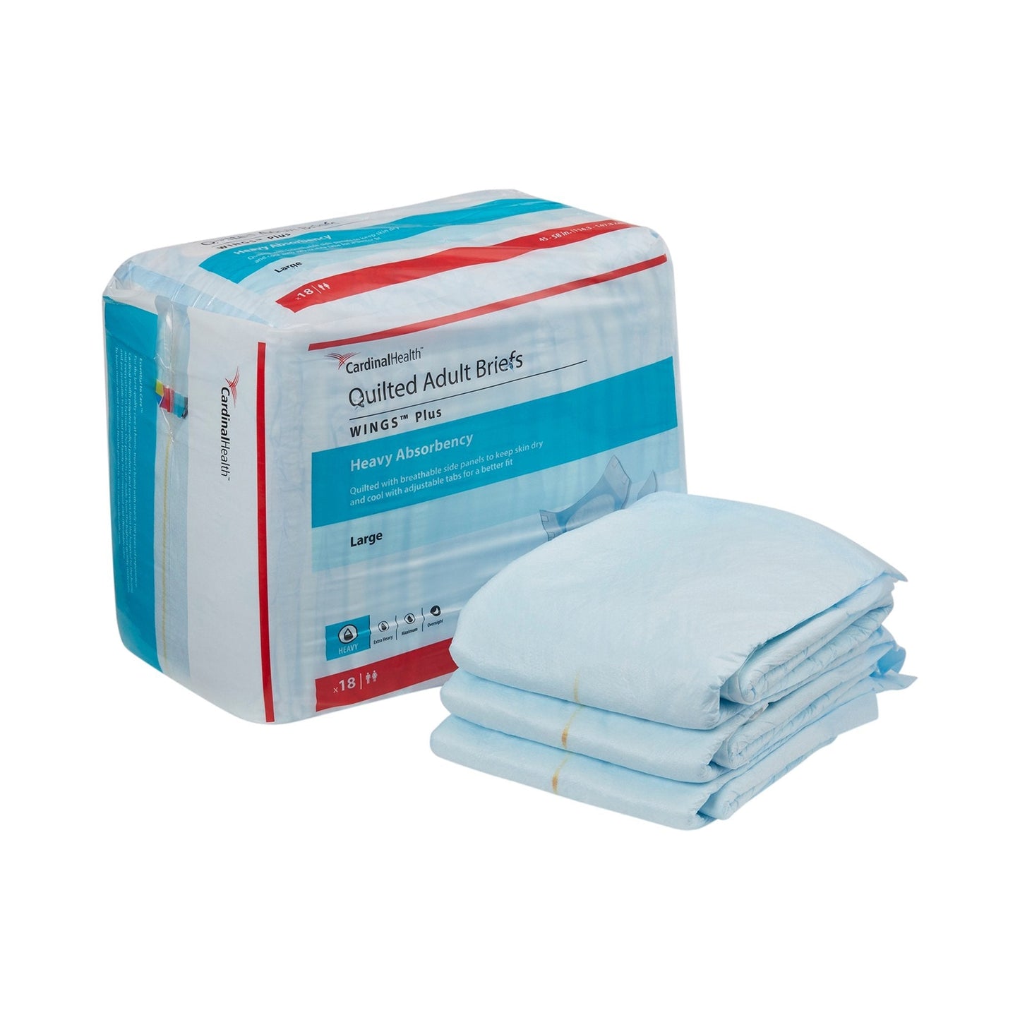 Large quilted adult briefs, Wings Plus heavy absorbency, folded in light blue