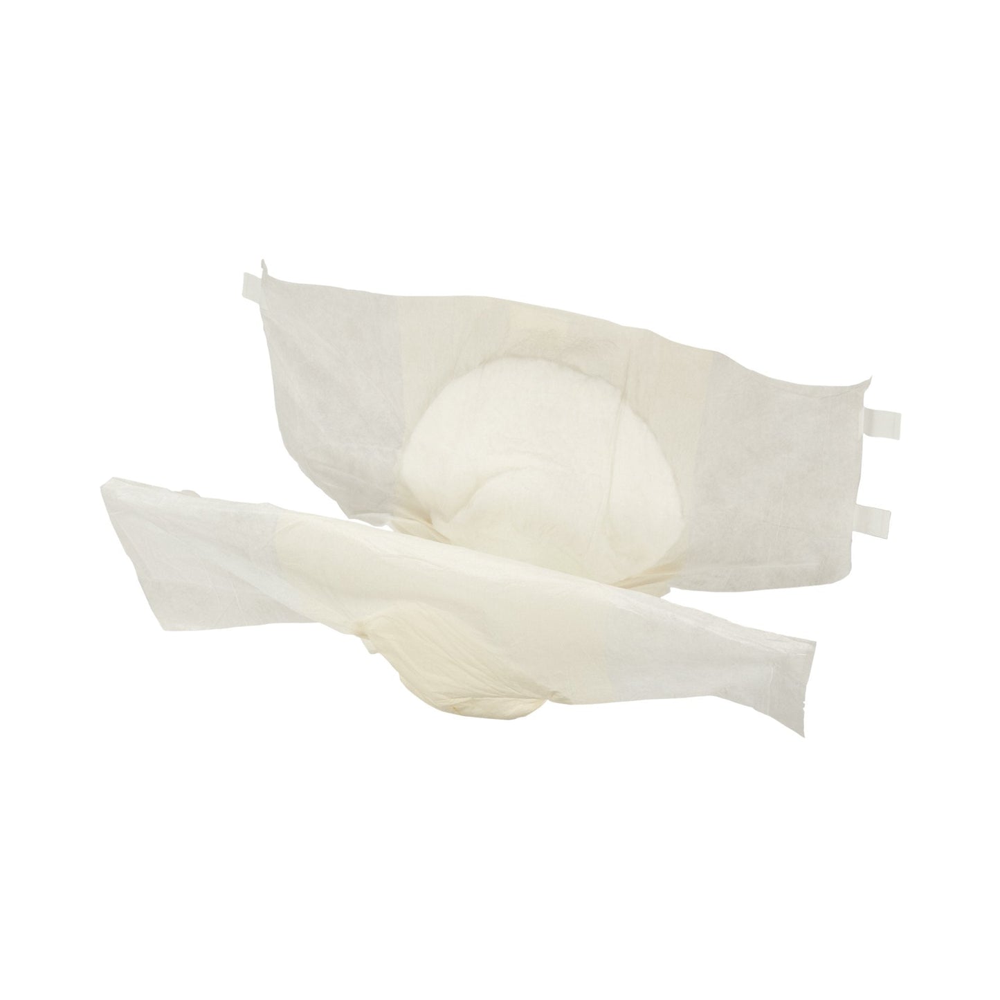 Two quilted adult briefs with wings and adhesive tabs, off-white