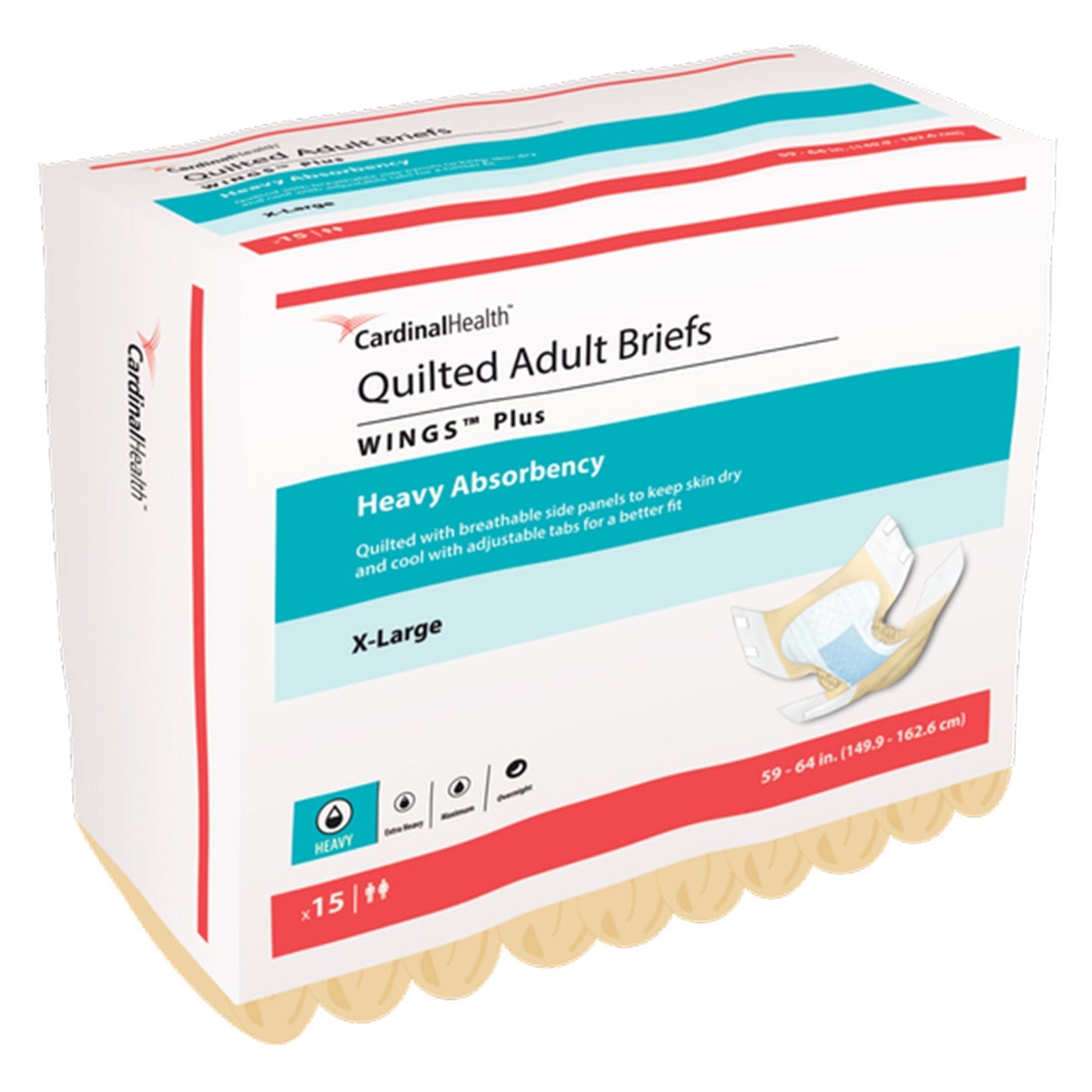 Quilted adult briefs, Wings Plus heavy absorbency, X-Large size, pack of 15