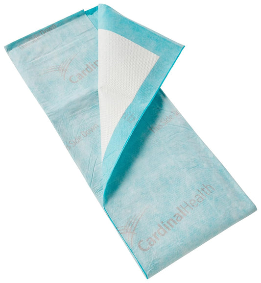 Light blue repositioning underpad with white absorbent center, folded layers visible