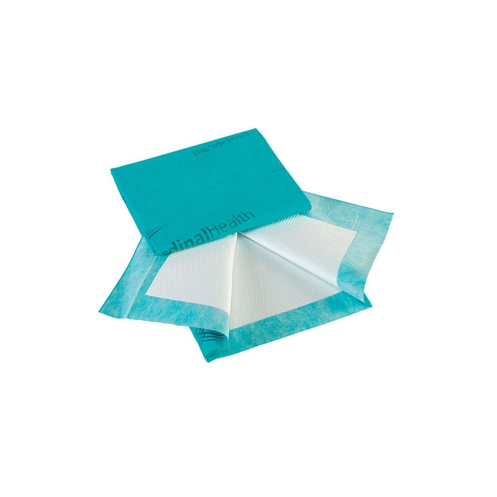 Folded light blue underpad showing white absorbent sheet and center opening