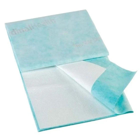 Light blue underpad with exposed white absorbent pad and side repositioning flap