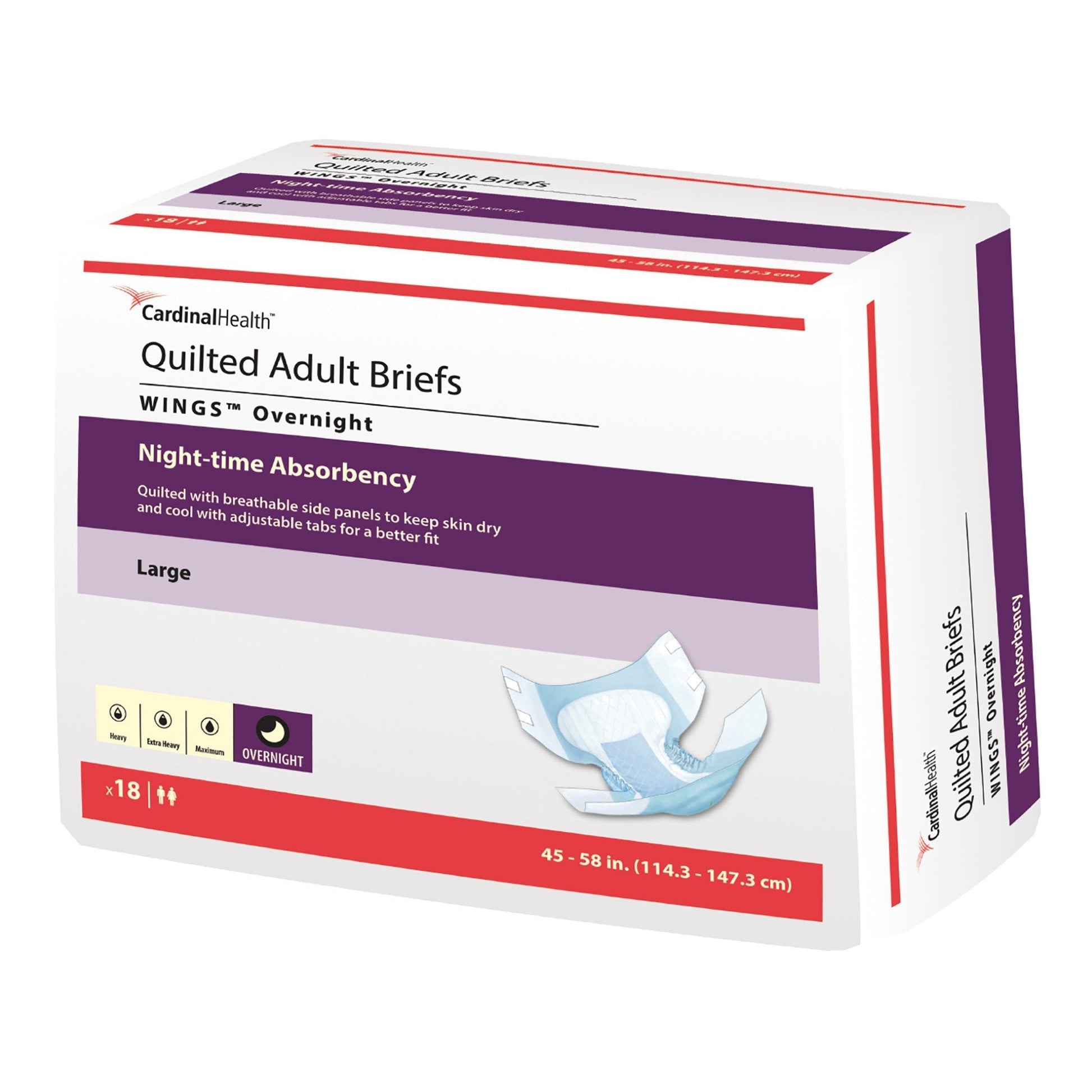 Quilted adult briefs, Wings Overnight, Large size 45–58 in, breathable overnight