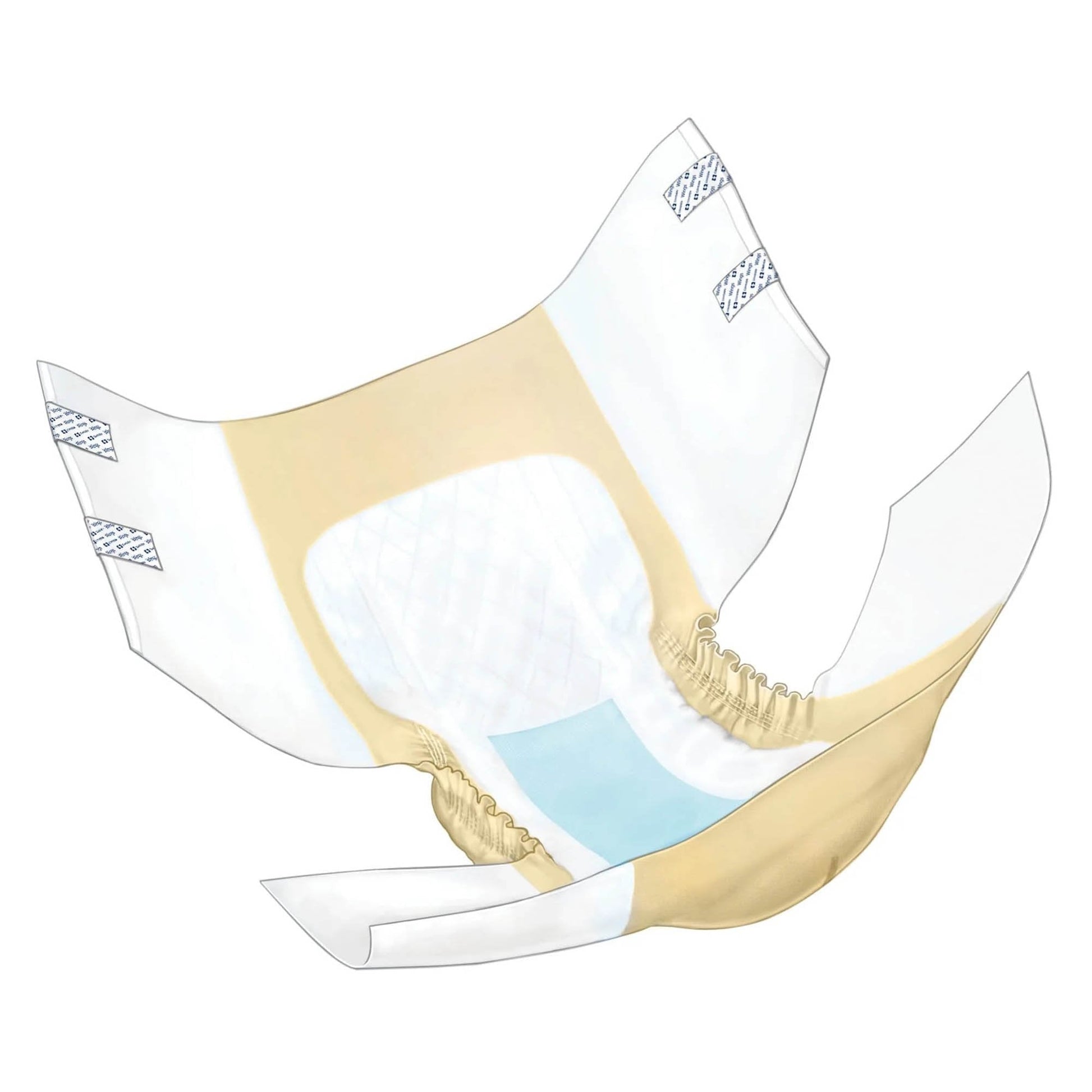Quilted adult brief with outer white layer, blue absorbent panel and beige lining