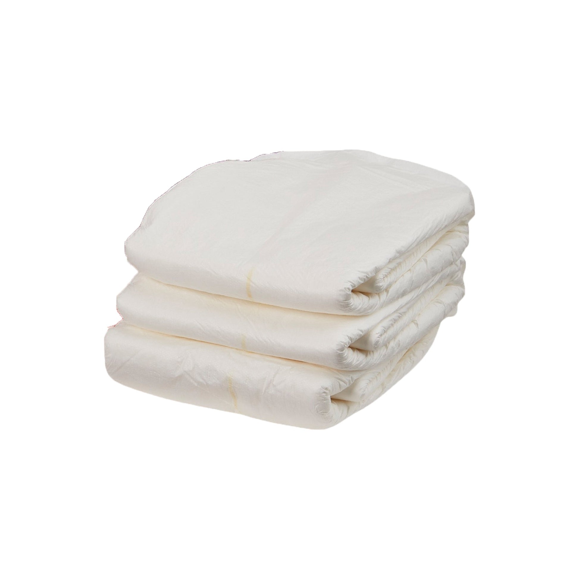 Stack of white quilted overnight adult briefs with absorbent padding