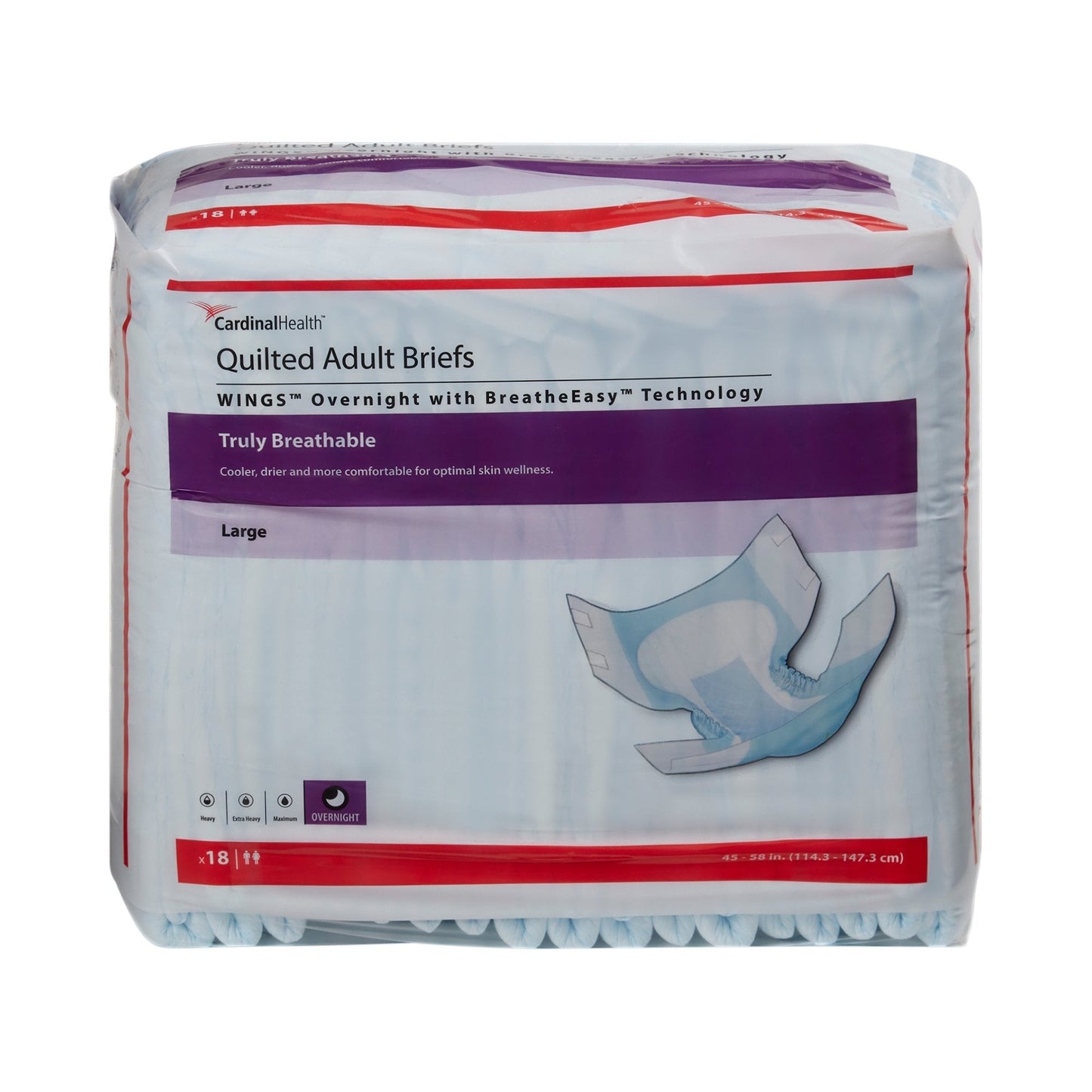 Quilted adult briefs, Wings Overnight, Large size, 18-count pack, breathable absorbency