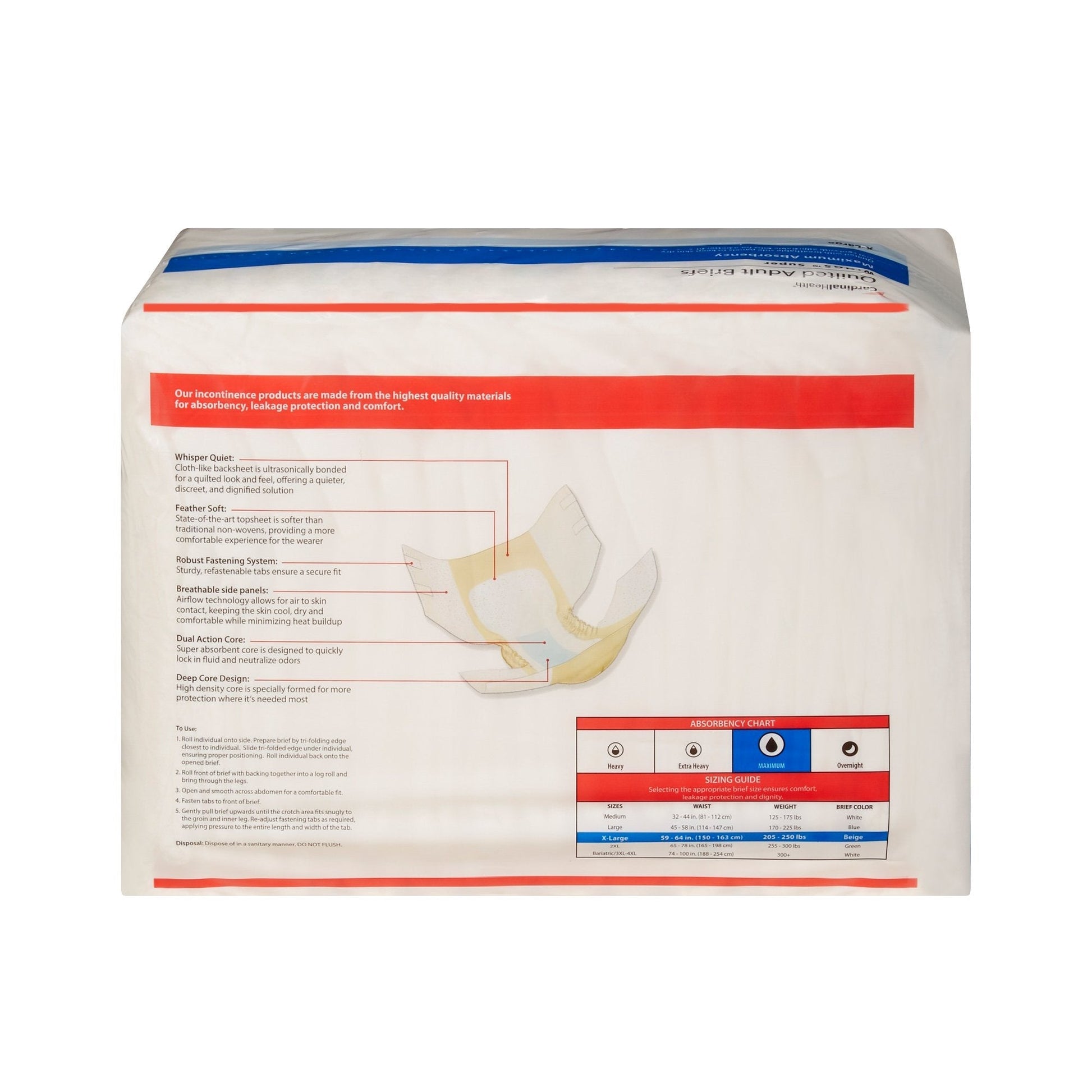 Quilted adult briefs package back with absorbency chart and product diagram