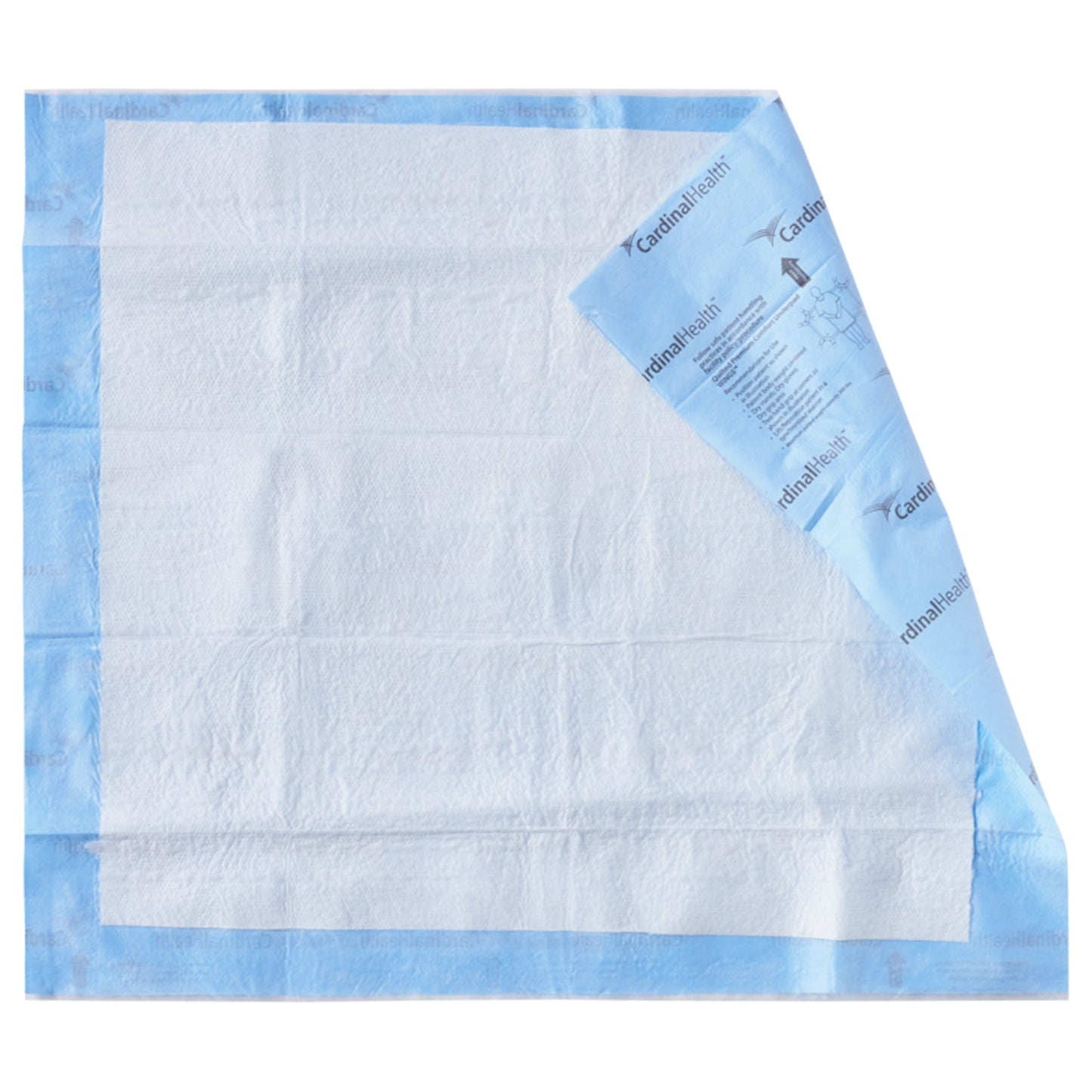 Quilted underpad with light blue border, white absorbent center, folded with label