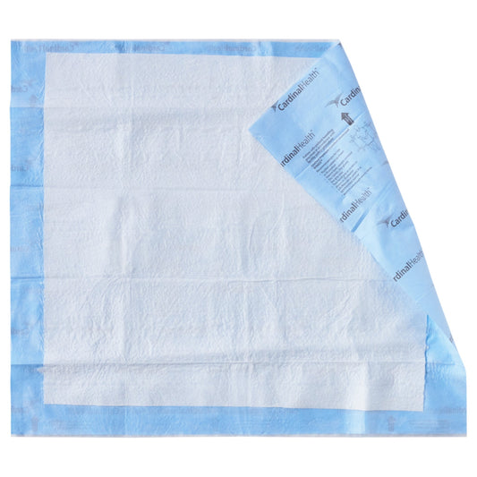 Quilted underpad with light blue border, white absorbent center, folded with label
