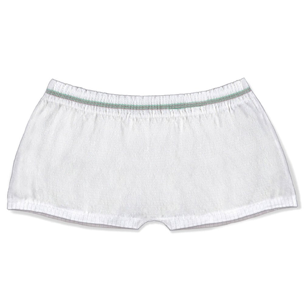White seamless knit incontinence pants with green waistband trim