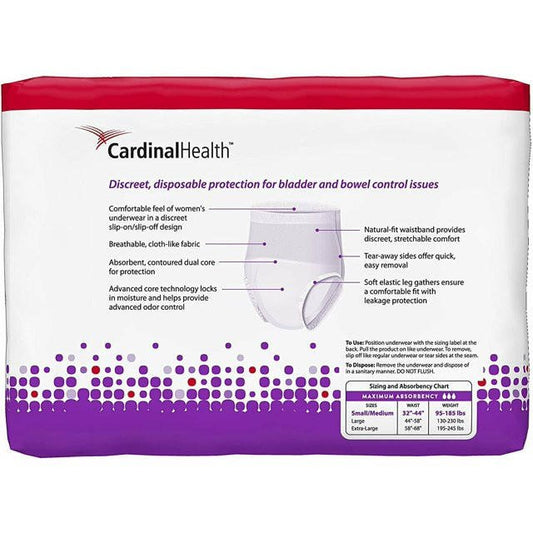 Women's protective underwear Maximum absorbency, back panel with sizing chart and instructions