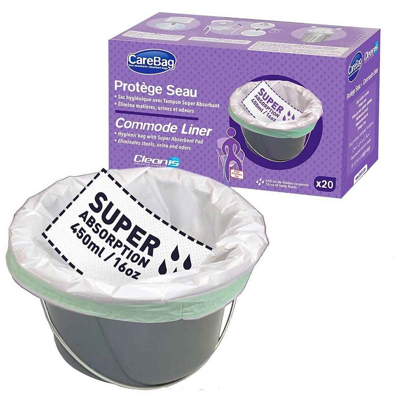 Commode liner fitted over bucket with super absorbent pad, white with green rim