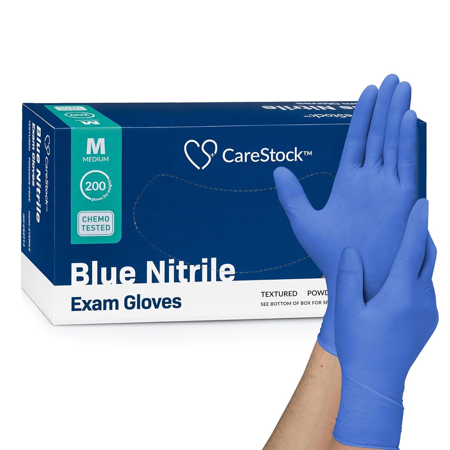 Medium blue nitrile exam gloves, textured fingertips, box of 200
