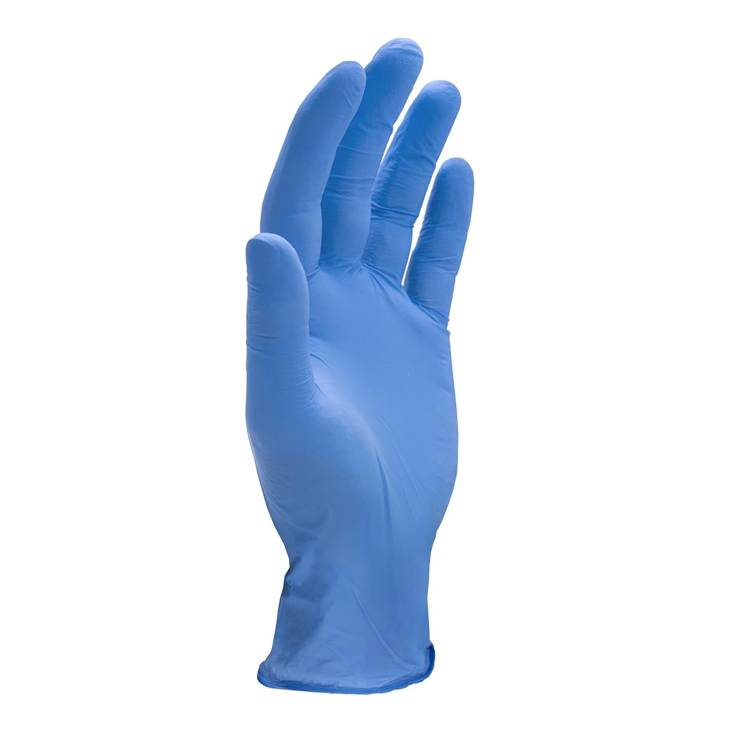 Blue nitrile exam glove with textured fingertips