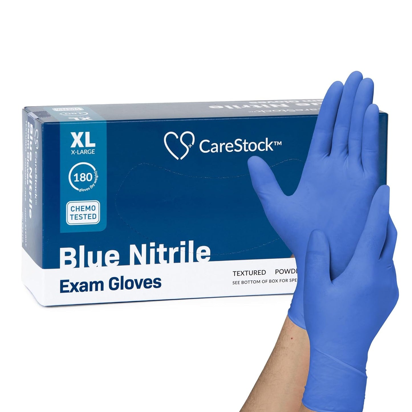 X-Large blue nitrile exam gloves, textured fingertips, box of 180