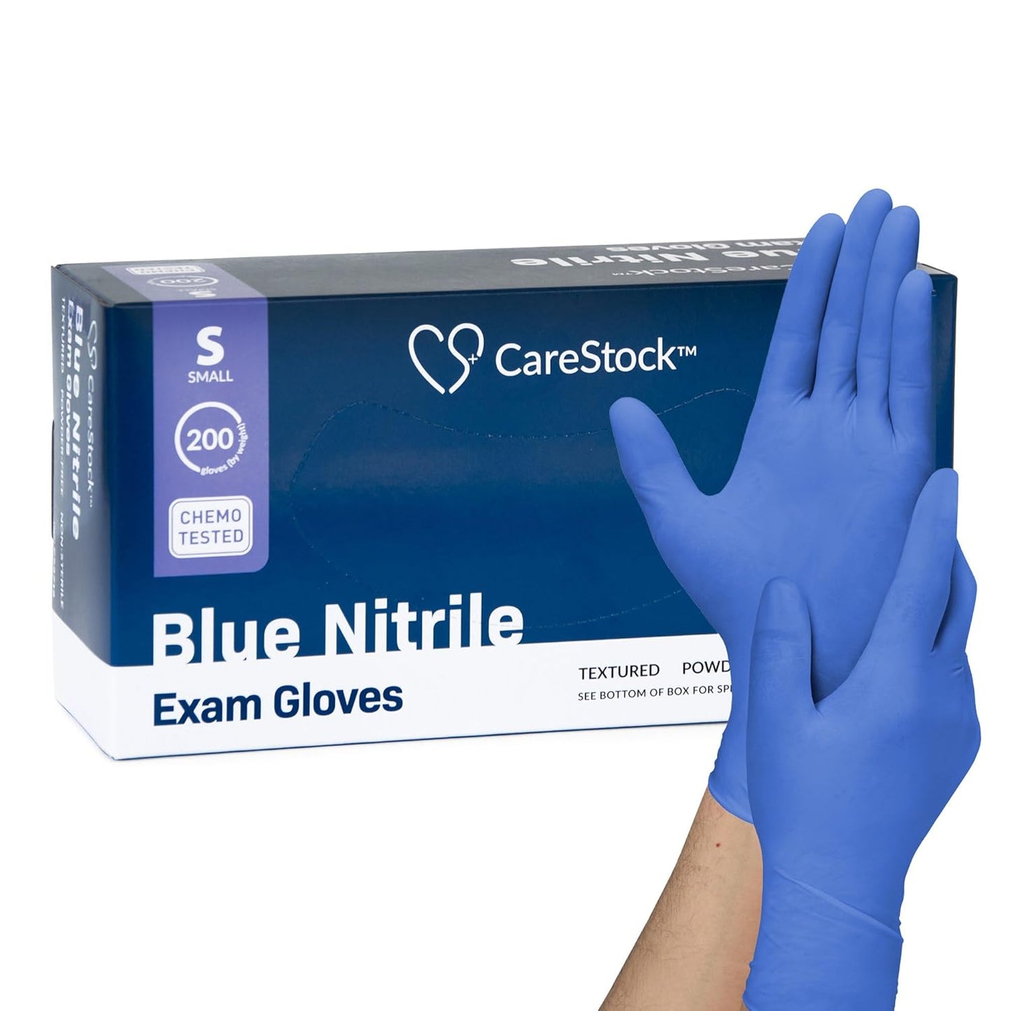 Small blue nitrile exam gloves, textured fingertips, box of 200