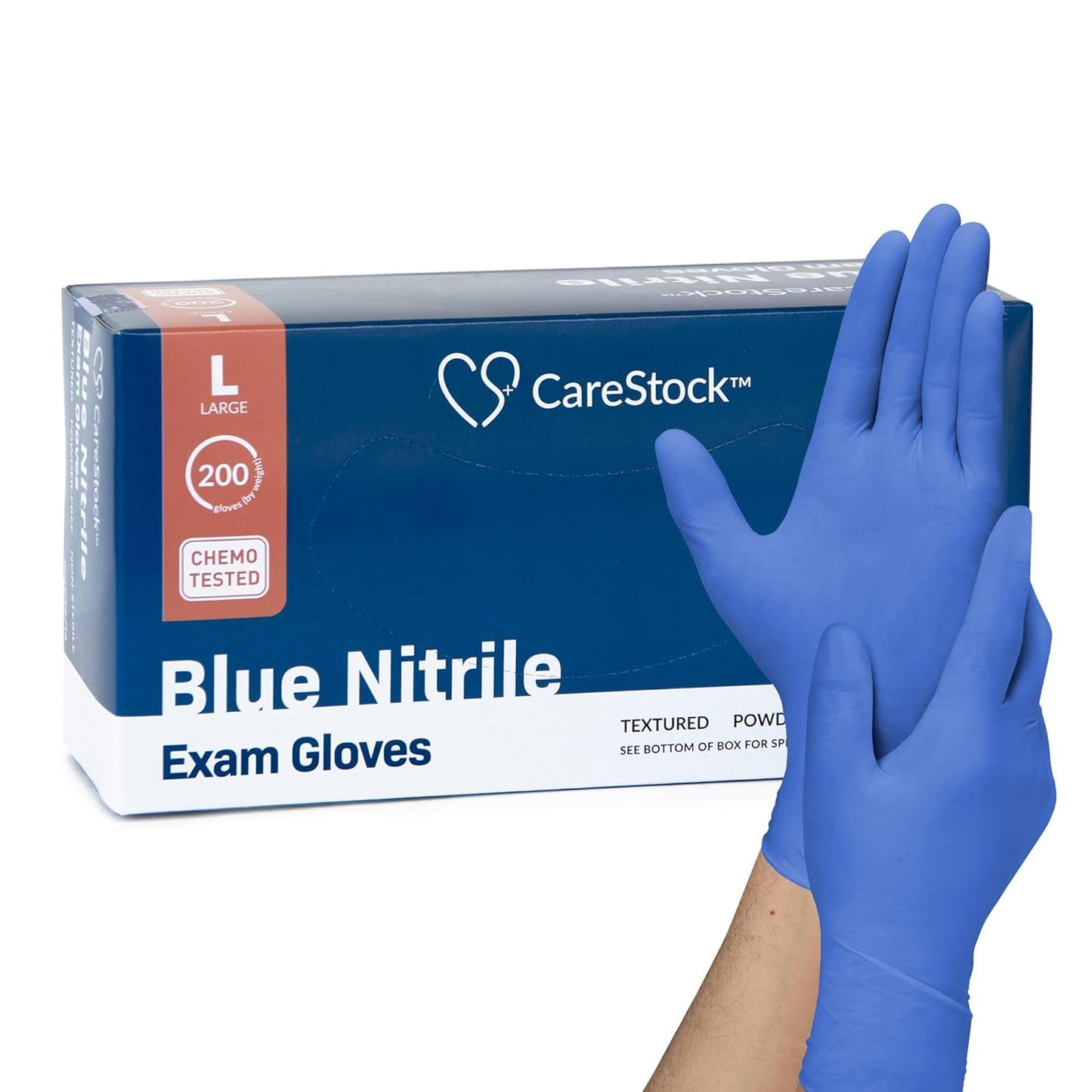Large blue nitrile exam gloves, textured fingertips, box of 200