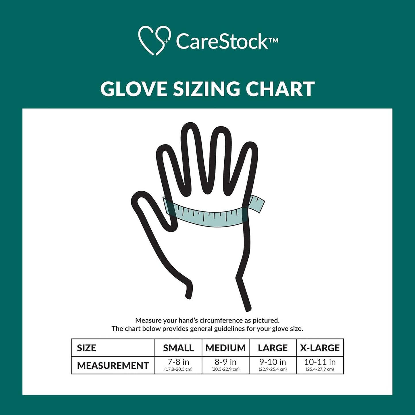 Glove sizing chart for nitrile exam gloves: S–XL hand circumference